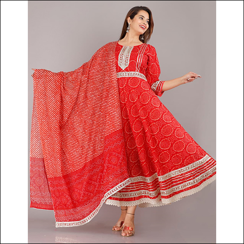 Bandhej Gown Suit With Dupatta - Cotton