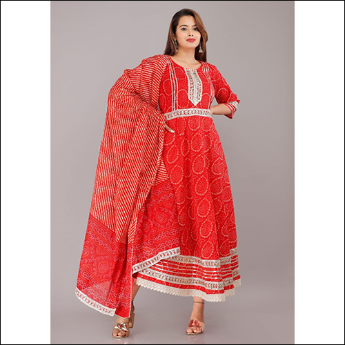 Bandhej Gown Suit With Dupatta - Cotton
