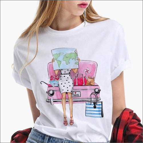 Ladies Printed T-Shirt - Cotton Fabric , O-Neck Design, White Color, Short Sleeves, Customizable Prints and Styles