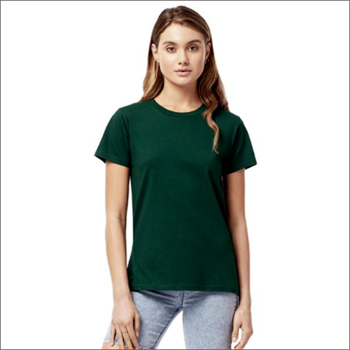 Ladies Round Neck T Shirt - Cotton, Short Sleeves, Green | Plain Design for Comfortable Everyday Wear