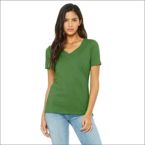 Ladies V Neck T Shirts - Cotton, Short Sleeves, Green | V-Neck Collar, Plain Pattern, Perfect for Casual Wear