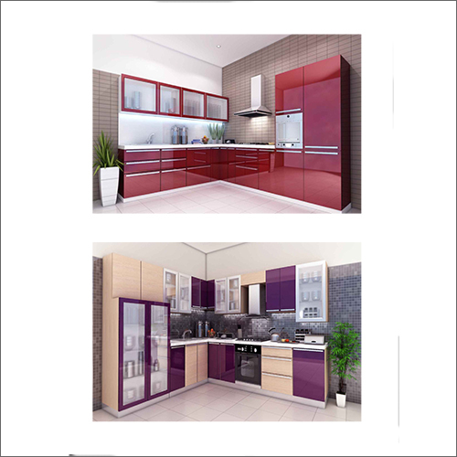 मल्टीकलर एल-शेप्ड लेआउट मॉड्यूलर किचन