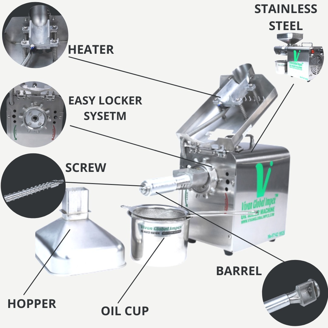 Mini Tiny Oil Expeller - 304 Food Grade Stainless Steel, 46x19x24 Cm | 4-5 Kg/hr Production Capacity, 400 Watt Power, Automatic Operation, 2.5 Year Warranty
