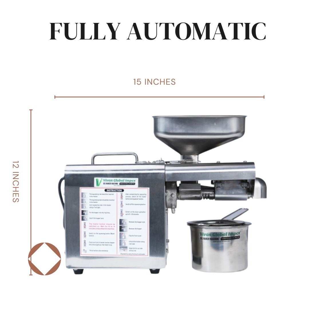 Mini Tiny Oil Expeller - 304 Food Grade Stainless Steel, 46x19x24 Cm | 4-5 Kg/hr Production Capacity, 400 Watt Power, Automatic Operation, 2.5 Year Warranty