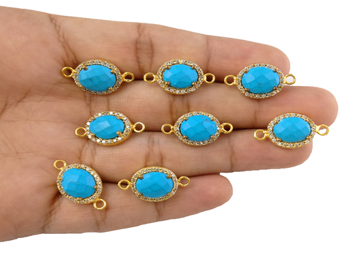 फ़िरोज़ा कनेक्टर Cz बेज़ल प्रोंग राउंड शेप फ़ेसटेड जेमस्टोन