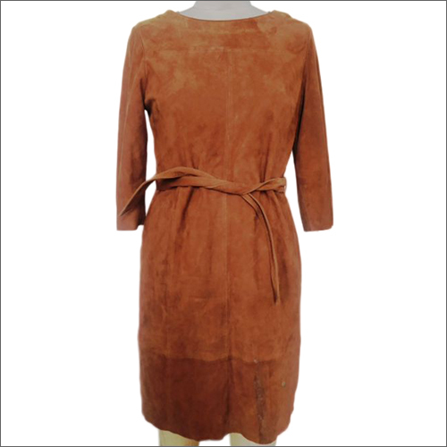 Suede Leather Full Sleeve Long Dress - Customizable Size, Washable Material, Embroidered Pattern