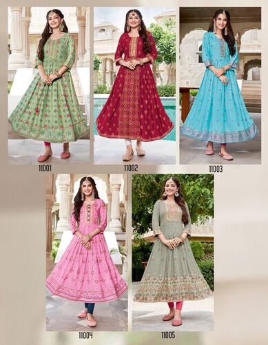 Ladies Gowns - Rayon With Fancy Embroidery Work & Classy Gold Prints, Sizes S(18) to 5XL(25), Breathable | Ethnic Printed Design, Washable for All Seasons