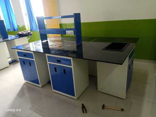 Laboratory Table - Mild Steel CRCA Galvanized Sheet, 1800mm x 900mm x 750mm, Blue and White Painted Finish, Eco-Friendly Design, Warranty Included, Customizable with Sink and Water Tap