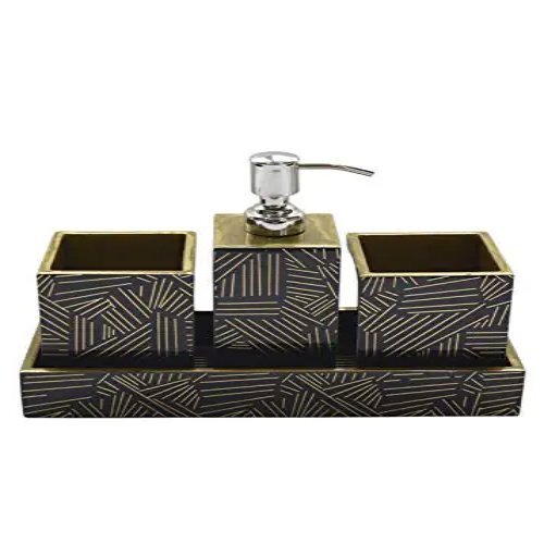 Liquid Soap Dispenser Set - Mdf With Raisin Coating, Glossy Finish, Includes 1 Soap Dispenser, 2 Tumblers, And 1 Vanity Tray