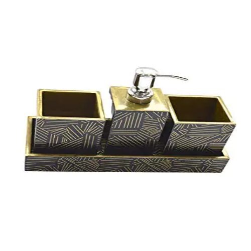 Liquid Soap Dispenser Set - Mdf With Raisin Coating, Glossy Finish, Includes 1 Soap Dispenser, 2 Tumblers, And 1 Vanity Tray