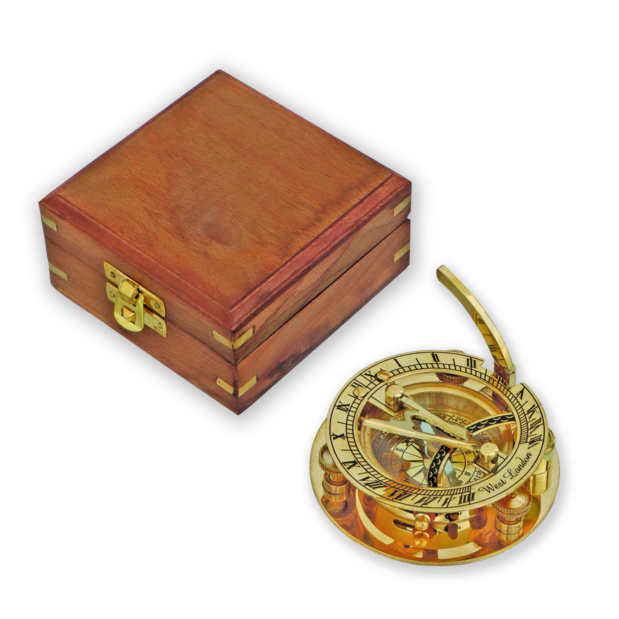 Handmade Brass Nautical Sundial Compass With Hexagon Wooden Box