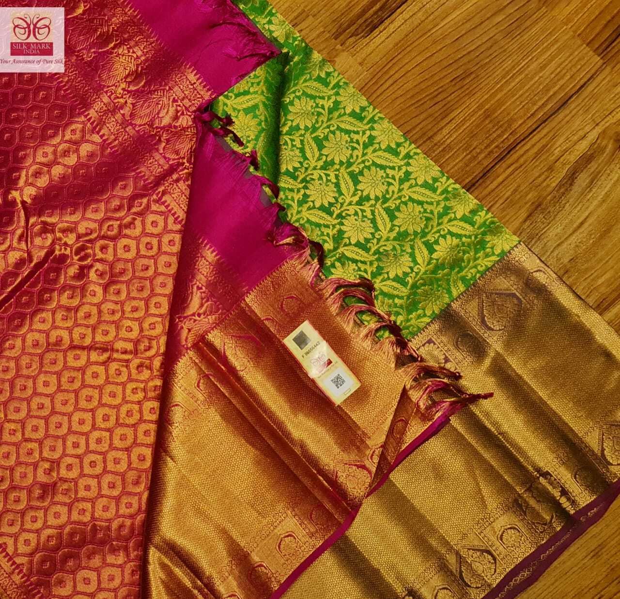 Bridal Silk Saree - Pure Kanjivaram Silk, Elegant Tissue Jarie Weaving Border, Custom Size & Stitching, Lightweight Design, Contrast Pallu & Blouse, Silk Mark Certified