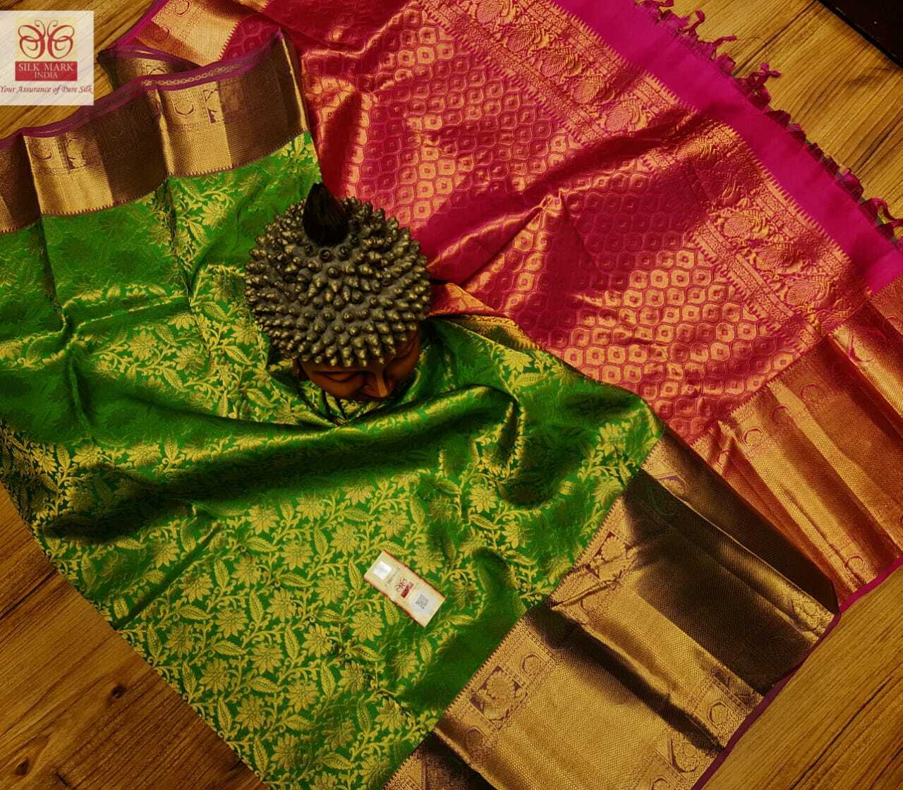Bridal Silk Saree - Pure Kanjivaram Silk, Elegant Tissue Jarie Weaving Border, Custom Size & Stitching, Lightweight Design, Contrast Pallu & Blouse, Silk Mark Certified