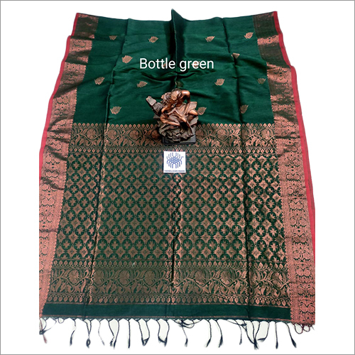 कैज़ुअल प्योर लिनन बॉटल ग्रीन बनारसी साड़ी