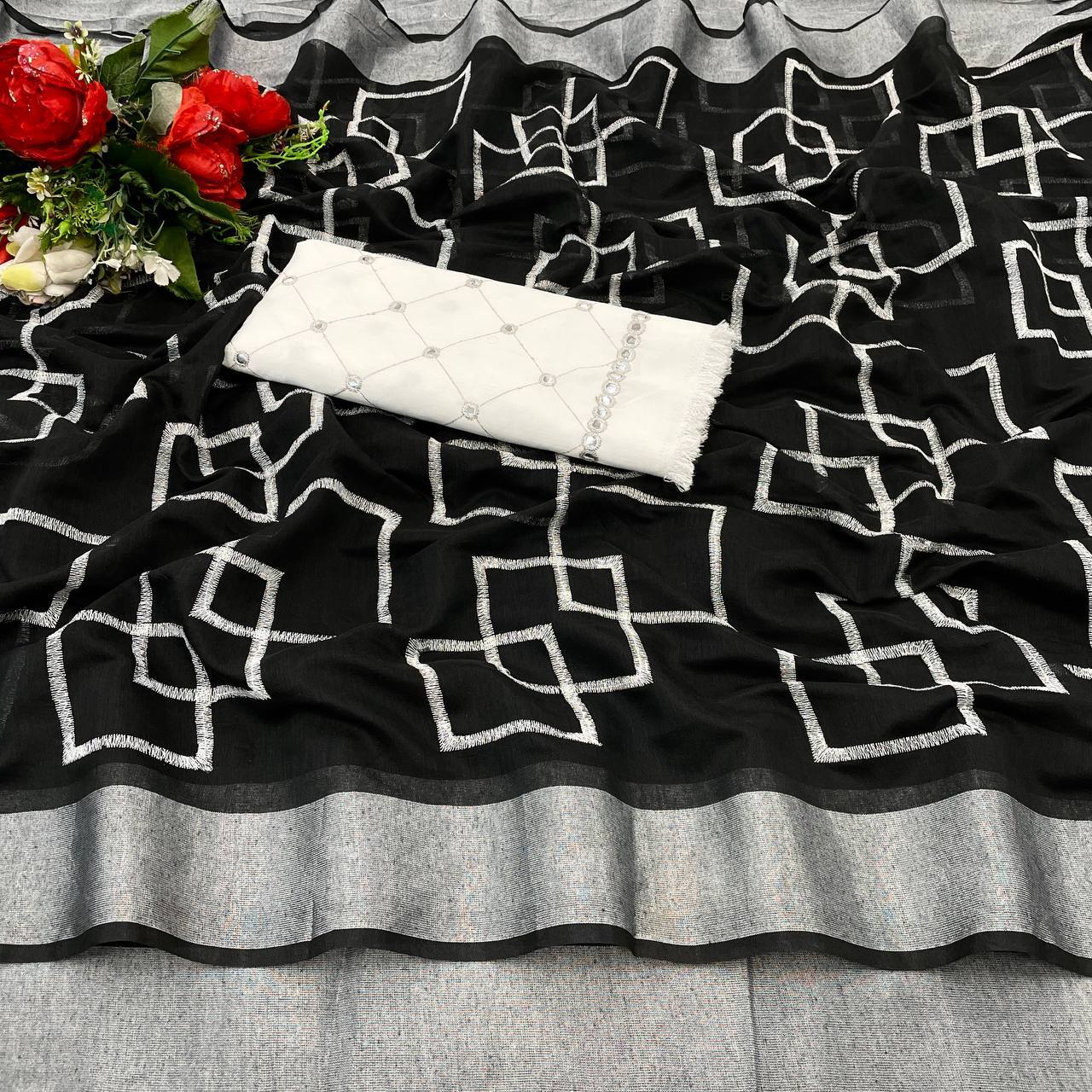 Fancy Mirror Saree - Pure Mono Banglori Silk, Customized Size | Zari Work, All-season, Breathable, Washable, Multi-work Design