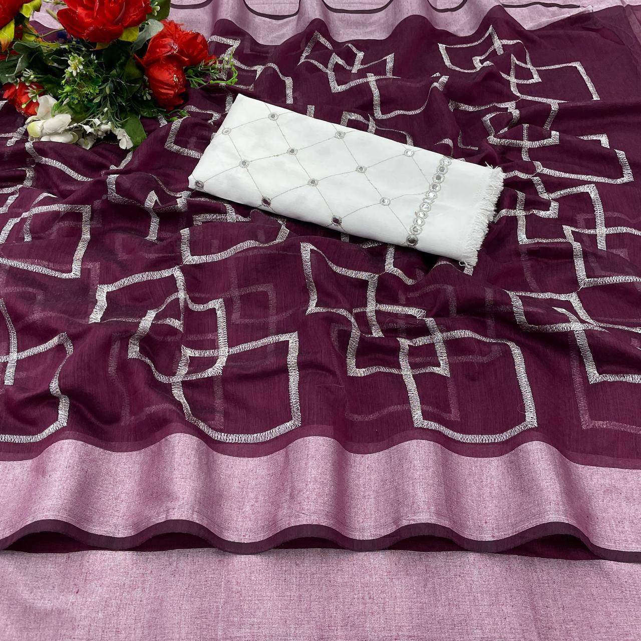 Fancy Mirror Saree - Pure Mono Banglori Silk, Customized Size | Zari Work, All-season, Breathable, Washable, Multi-work Design