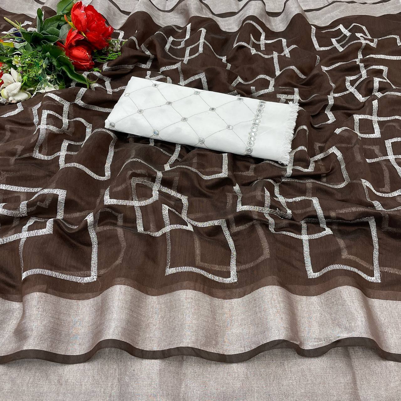 Fancy Mirror Saree - Pure Mono Banglori Silk, Customized Size | Zari Work, All-season, Breathable, Washable, Multi-work Design