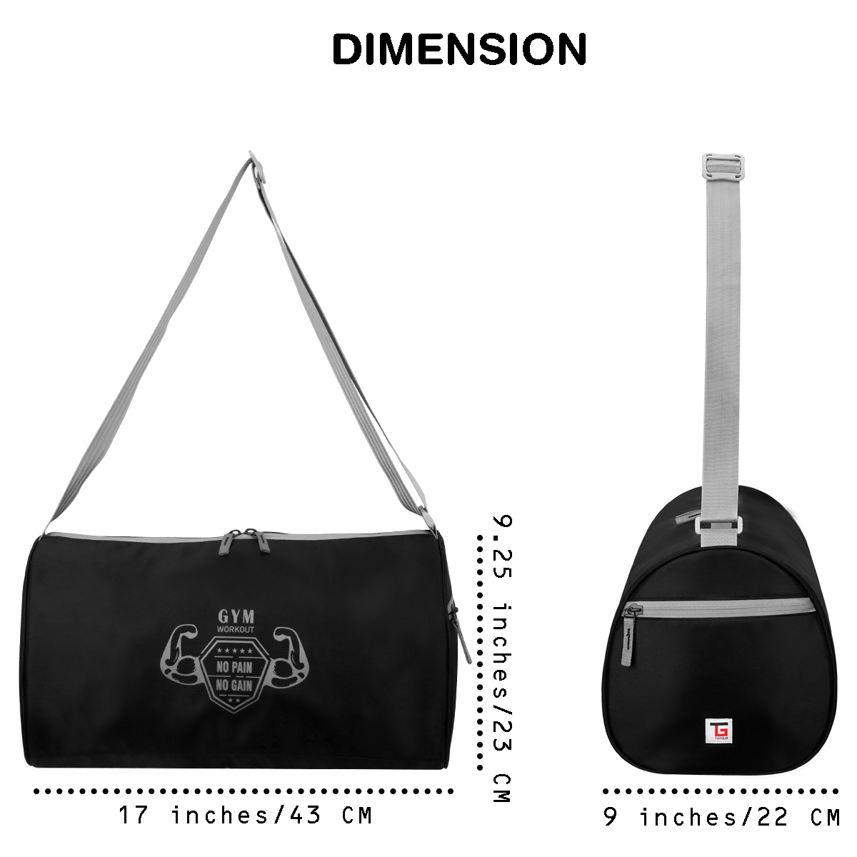 Tuffgear Workout Gym Bag Black 23 Litre - Durable Nylon, 9.25x17x9 Inches, Solid Black | Moisture Proof, Large Capacity, Adjustable Shoulder Strap, Zipper Top