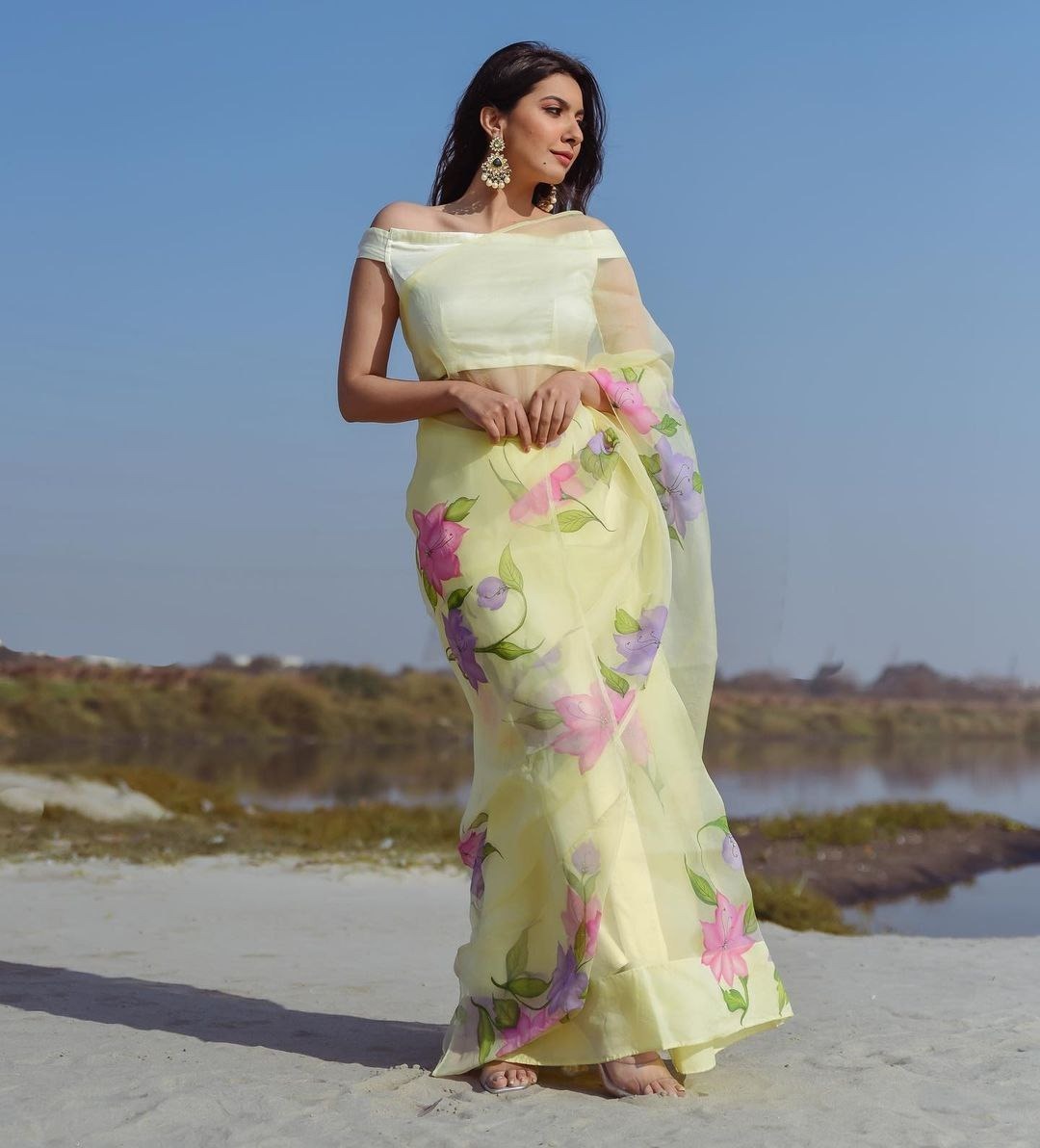 Organza Saree - Organza Fabric, 5.5 Meters, Digital Print With Latkan Less, Banglori Silk Blouse , Washable, Customized Size, All Season