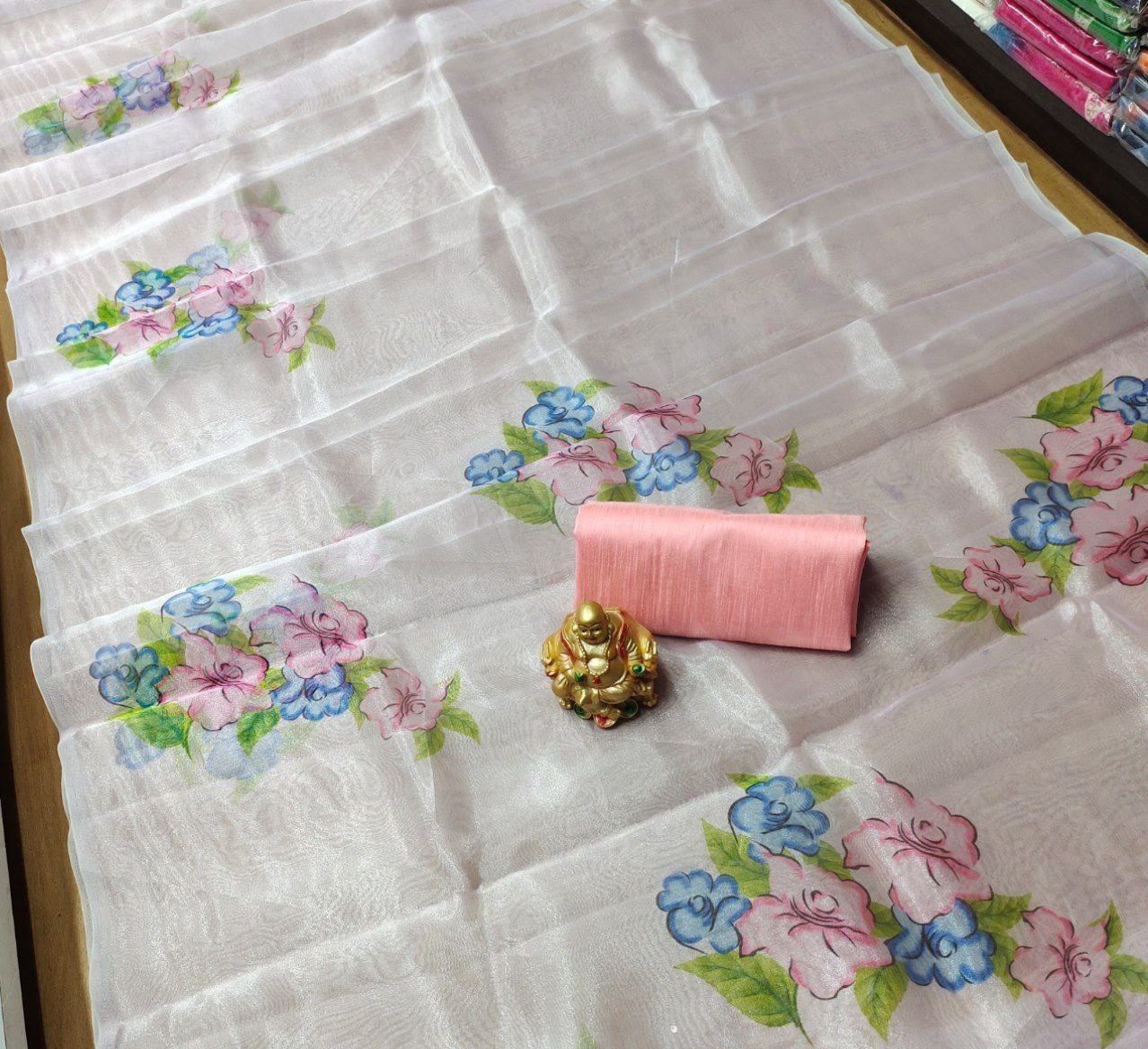 Organza Saree - Organza Fabric, 5.5 Meters, Digital Print With Latkan Less, Banglori Silk Blouse , Washable, Customized Size, All Season