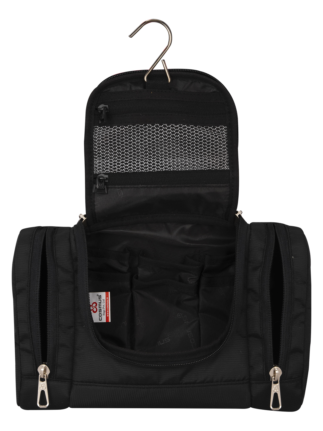 Cosmus Max Toiletry Pouch Black - Water-resistant Durable Polyester, 12 X 7.5 X 3.25 Inches, Convenient Compartments, Top Hook For Hanging, Easy Clean