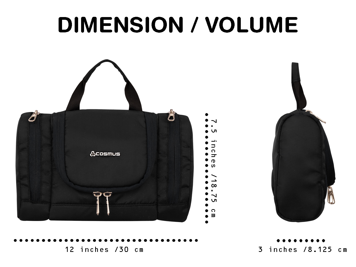 Cosmus Max Toiletry Pouch Black - Water-resistant Durable Polyester, 12 X 7.5 X 3.25 Inches, Convenient Compartments, Top Hook For Hanging, Easy Clean