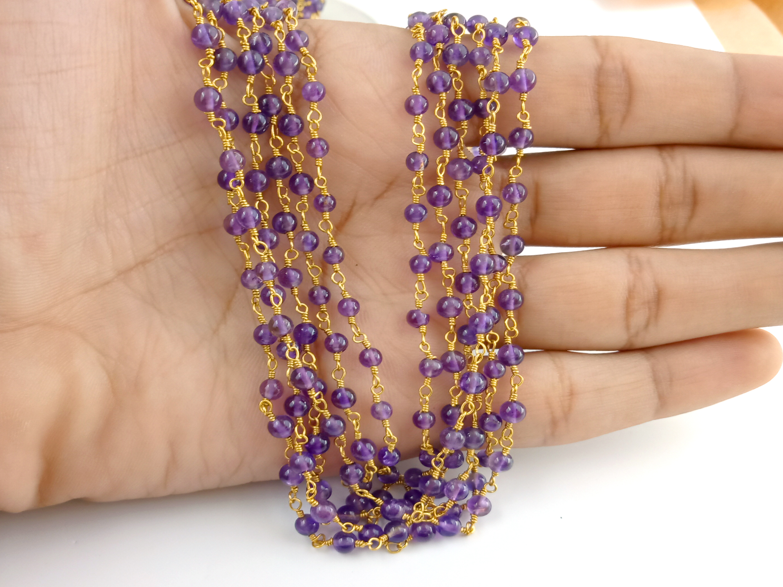 Same As Photo Amethyst Round Smooth 3mm Rosary Beaded Chain Gemstone Wire Wrapped Rosary Chain Natural Amethyst Gemstone Rosary Chain