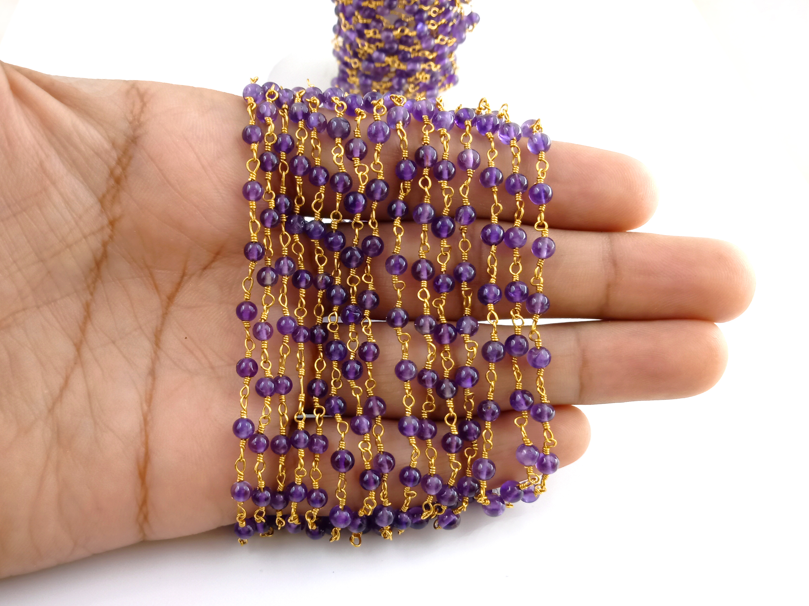 Same As Photo Amethyst Round Smooth 3mm Rosary Beaded Chain Gemstone Wire Wrapped Rosary Chain Natural Amethyst Gemstone Rosary Chain