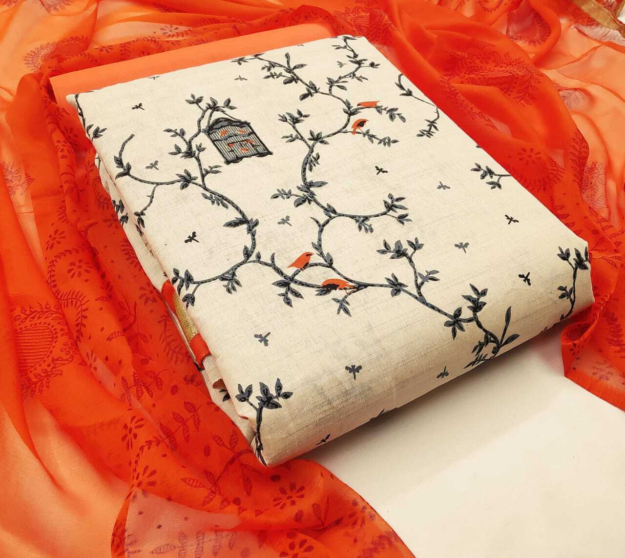 Chandari Dress Material - Cotton Fabric Top+bottom+dupatta Collection | Traditional Ethnic Wear Washable All-season Customized Size Printed Pattern