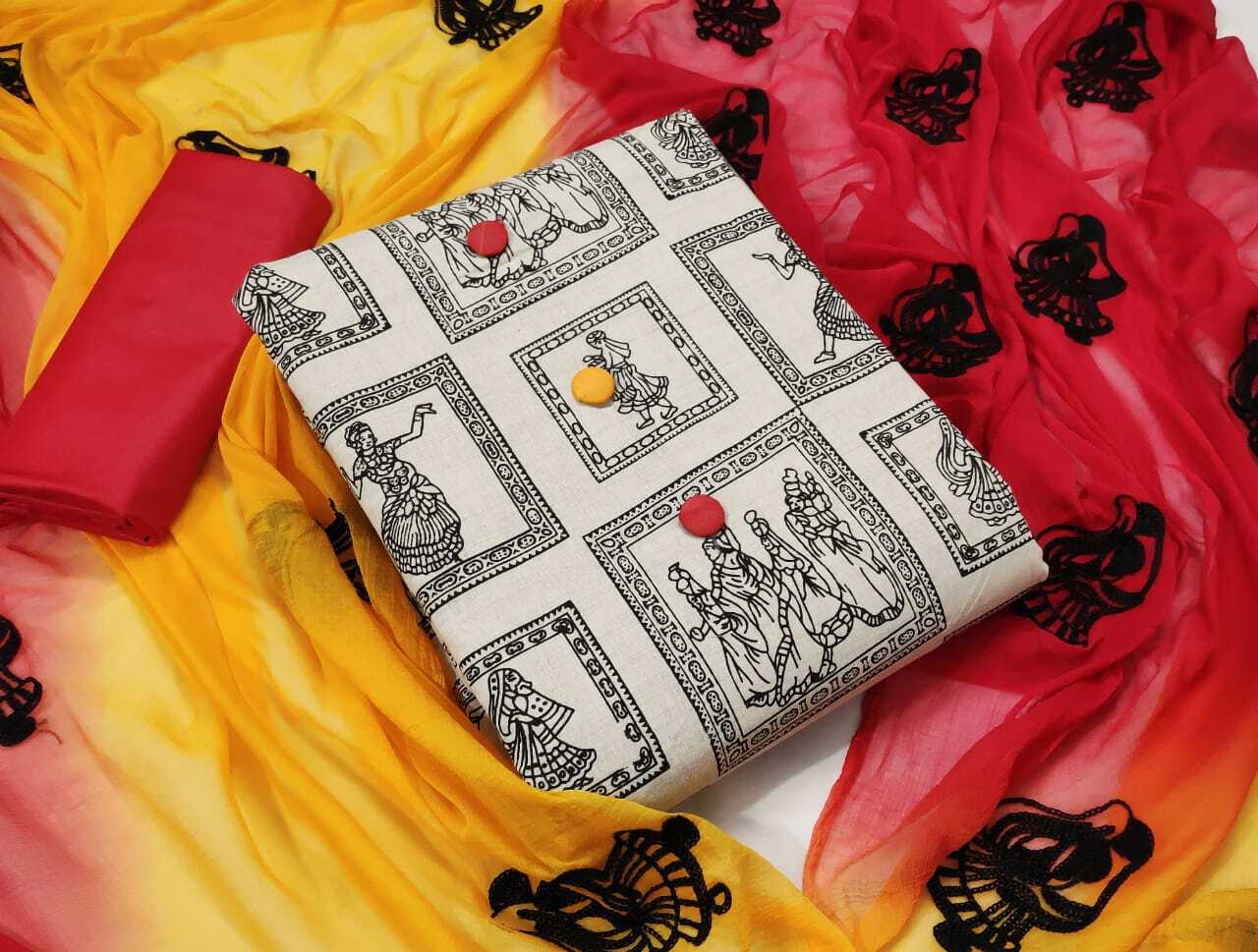 Chandari Dress Material - Cotton Fabric Top+bottom+dupatta Collection | Traditional Ethnic Wear Washable All-season Customized Size Printed Pattern