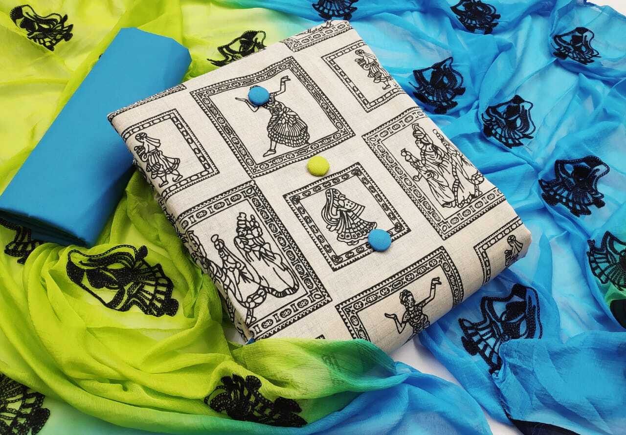 Chandari Dress Material - Cotton Fabric Top+bottom+dupatta Collection | Traditional Ethnic Wear Washable All-season Customized Size Printed Pattern