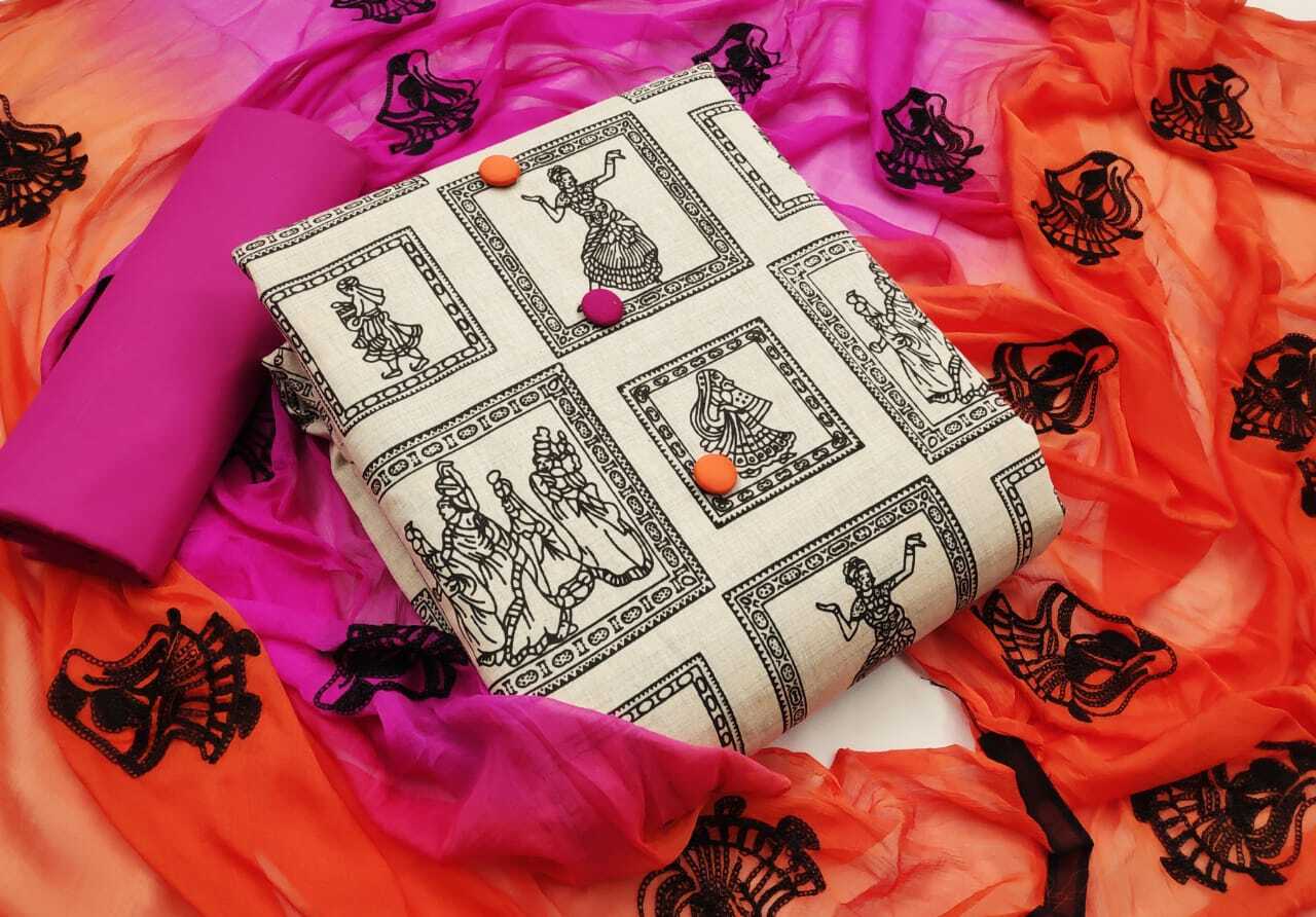 Chandari Dress Material - Cotton Fabric Top+bottom+dupatta Collection | Traditional Ethnic Wear Washable All-season Customized Size Printed Pattern
