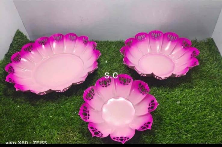 Vintage Style Diwali Urli Set - Powder Coated Brass, Round Lotus Shape, Pink Color For Home Decoration