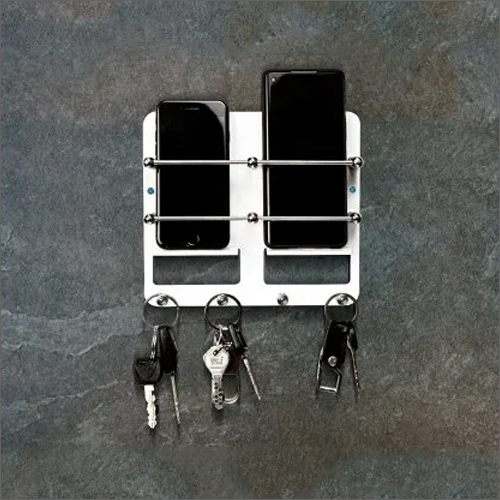 Acrylic Wall Mounted Mobile Stand - Polished Steel with Key Holder | Easy to Clean, Durable Design