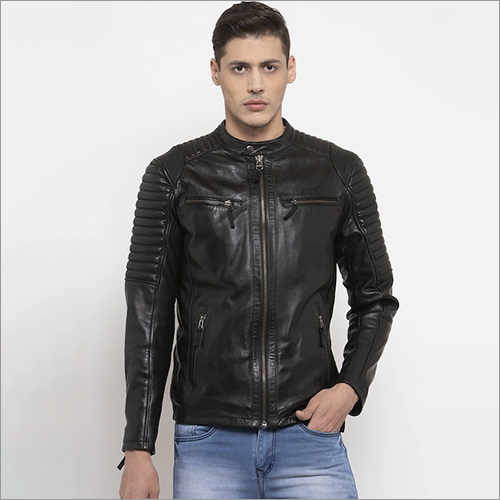 Leather Men Black Solid Lightweight Biker Jacket