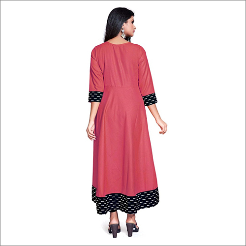 Pink Anarkali Kurti With Black Ptta - Cotton Size L/m/s/xl Plain Pink 3-4th Sleeve Style | Breathable Washable Suitable For All Seasons