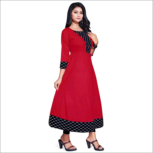 Red Anarkali Kurti With Black Ptta - Cotton Blend, Various Sizes, Red Color | Breathable, Washable, 3/4th Sleeve, Plain Design, Casual To Party Wear