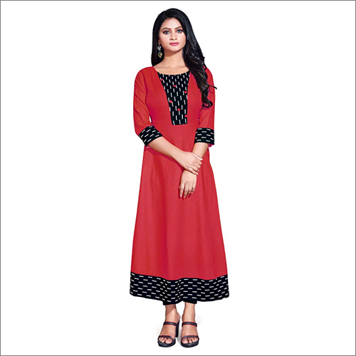 Red Anarkali Kurti With Black Ptta - Cotton Blend, Various Sizes, Red Color | Breathable, Washable, 3/4th Sleeve, Plain Design, Casual To Party Wear