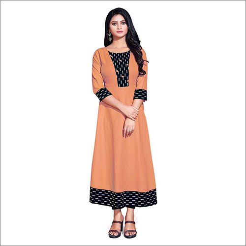 Orange Anarkali Kurti With Black Ptta - Cotton, Sizes S To Xl | Washable, Plain Pattern, 3/4 Sleeve, Suitable For Casual, Ethnic, And Party Wear