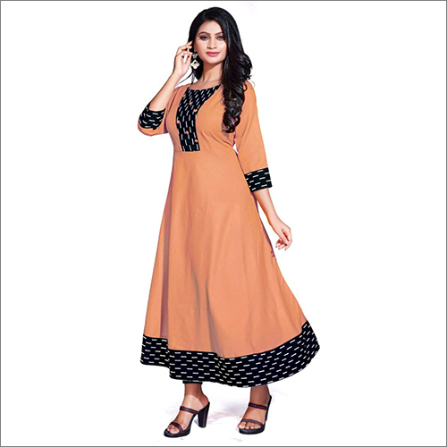 Orange Anarkali Kurti With Black Ptta - Cotton, Sizes S To Xl | Washable, Plain Pattern, 3/4 Sleeve, Suitable For Casual, Ethnic, And Party Wear