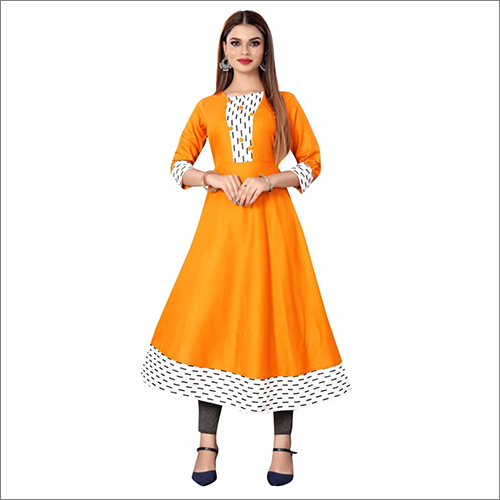 Orange Anarkali Kurti With White Ptta - Woolen Fabric, Lightweight Design, 3-4th Sleeve, Orange Color | Breathable, Washable, Casual & Party Wear