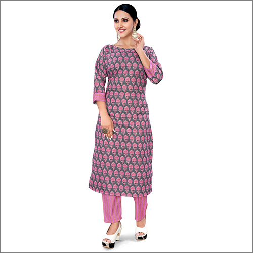 Cotton Printed Kurti With Palazzo Set - Cotton, Full Sleeves, Pink Blue Color, Printed Pattern | Breathable, Washable, Suitable For All Seasons