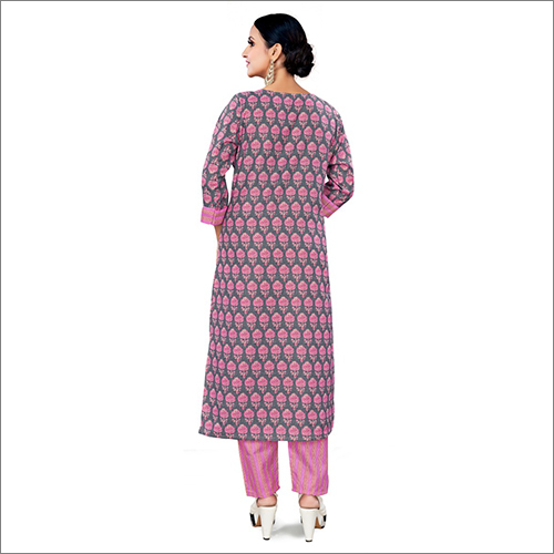 Cotton Printed Kurti With Palazzo Set - Cotton, Full Sleeves, Pink Blue Color, Printed Pattern | Breathable, Washable, Suitable For All Seasons
