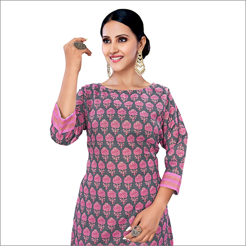 Cotton Printed Kurti With Palazzo Set - Cotton, Full Sleeves, Pink Blue Color, Printed Pattern | Breathable, Washable, Suitable For All Seasons