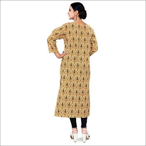 Brown Cotton Printed Straight Kurti - Cotton Regular Fit Yellow 3/4th Sleeve A-line Style | Breathable Washable Ideal For Casual And Ethnic Wear