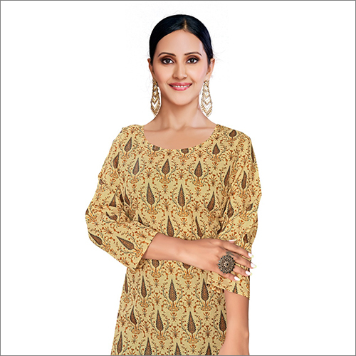 Brown Cotton Printed Straight Kurti - Cotton Regular Fit Yellow 3/4th Sleeve A-line Style | Breathable Washable Ideal For Casual And Ethnic Wear