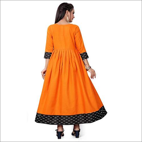 Orange Dolfin Solid Anarkali Kurti - Cotton, 3-4th Sleeve, Orange | Breathable, Washable, Traditional Ethnic Style For All Seasons