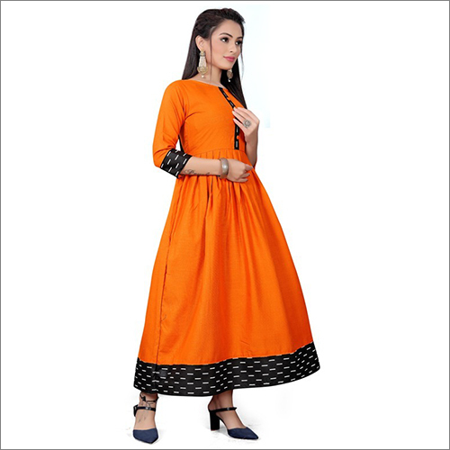 Orange Dolfin Solid Anarkali Kurti - Cotton, 3-4th Sleeve, Orange | Breathable, Washable, Traditional Ethnic Style For All Seasons