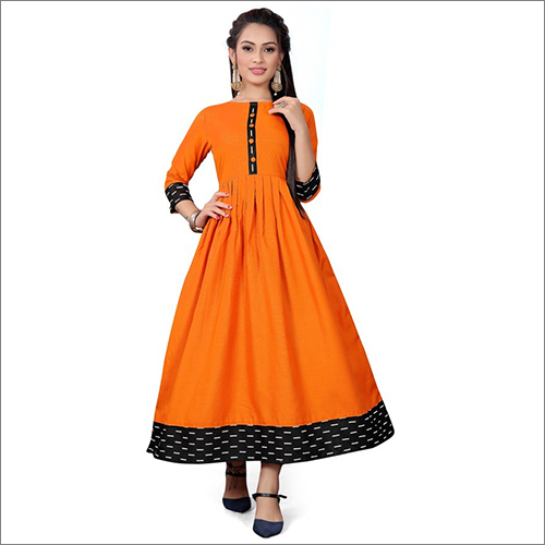 Orange Dolfin Solid Anarkali Kurti - Cotton, 3-4th Sleeve, Orange | Breathable, Washable, Traditional Ethnic Style For All Seasons