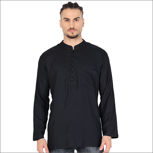 Mens Black Short Kurta - Material: Cotton